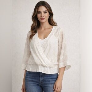 White House Black Market White Lace Wrap Blouse | Smocked Waist | Small